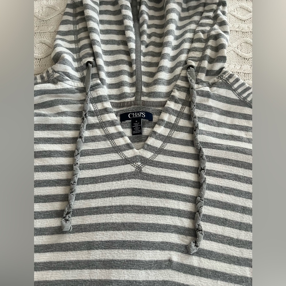 Chaps Gray and White Striped Cotton Hoodie Women’s Size Medium - Picture 12 of 16